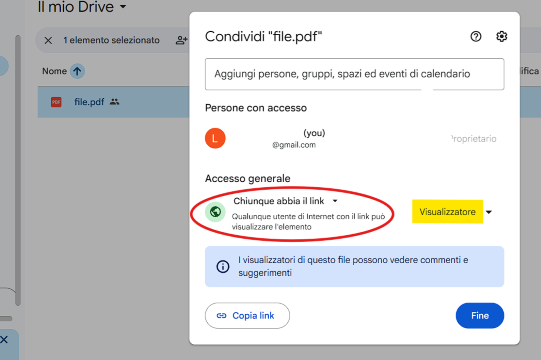 Impostare i permessi di condivisione su Google Drive per il QR Code PDF