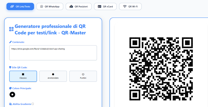 Incollare il link Google Drive nel generatore QR Code di QR-Master